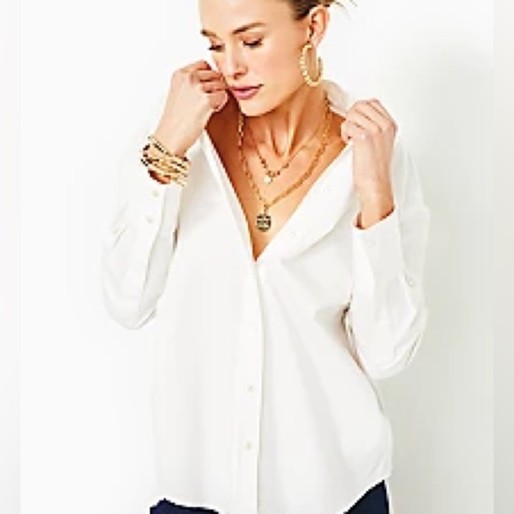 NWT Lilly Pulitzer Stevey Relaxed Button Down Stretch Shirt In Resort White, L
